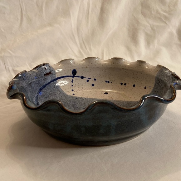 Vintage Cypress Pottery Studio Ruffled Pie Plate or Shallow Bowl Splatter Blue - Picture 3 of 8